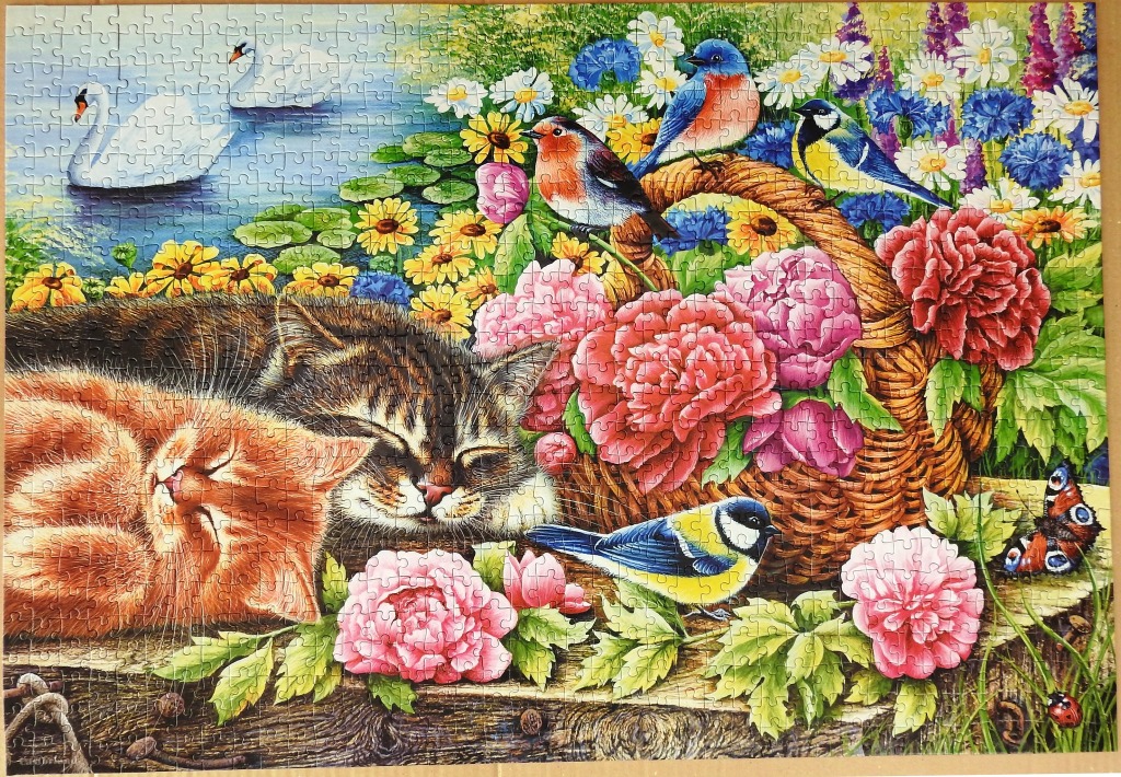 Two sleeping cats resting in a lush garden with birds, flowers, and a pond.
