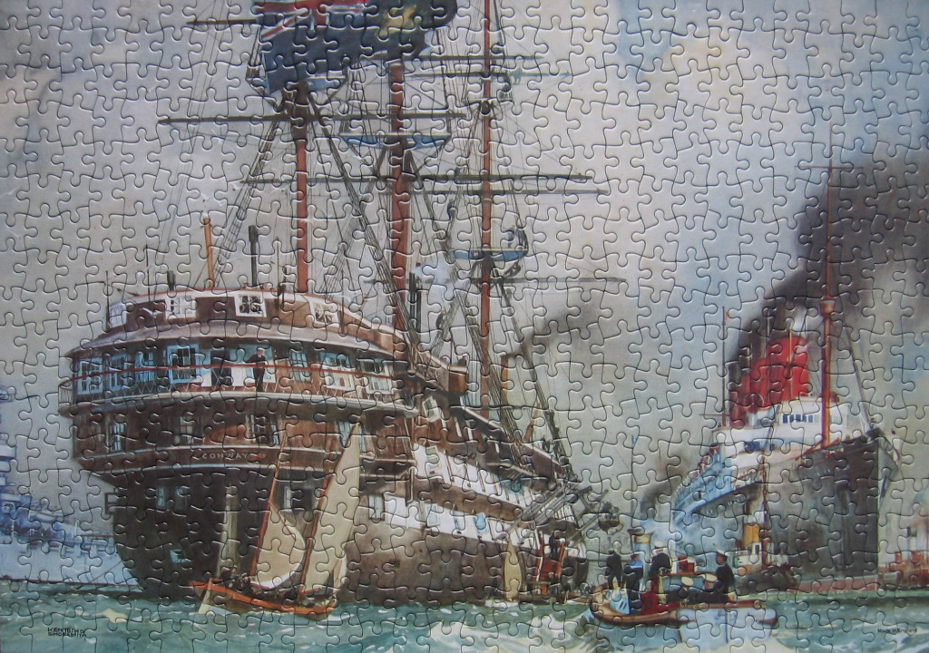 A maritime painting of the historic ship Conway being passed by a modern steamship on a misty sea.