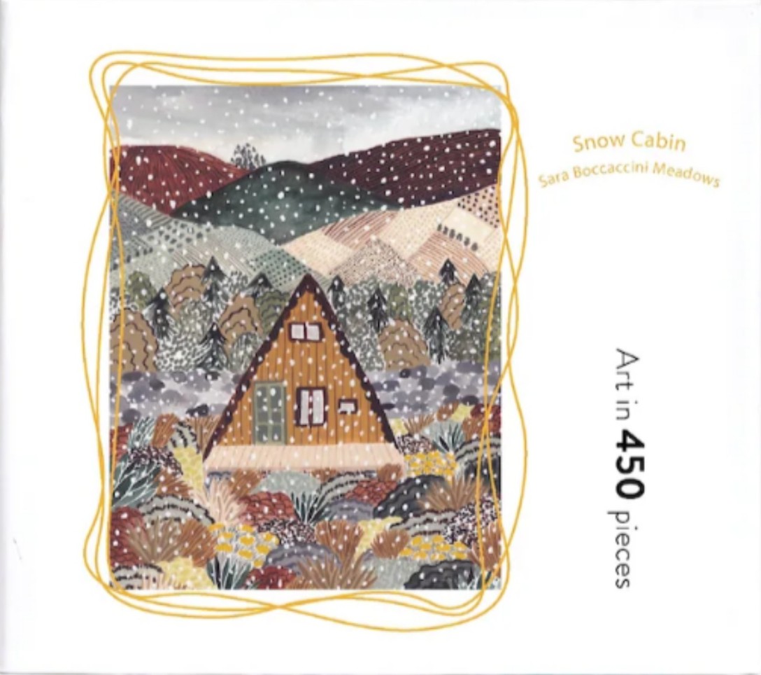A whimsical illustration of an A-frame cabin in a snowy, mountainous landscape.