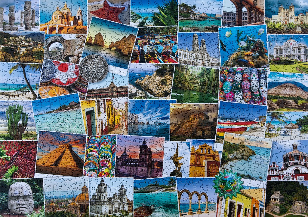 A collage of various landmarks, cultural icons, and landscapes from Mexico.