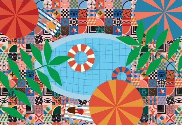 Top-down illustration of a swimming pool surrounded by a patterned tile patio with beach umbrellas and loungers.