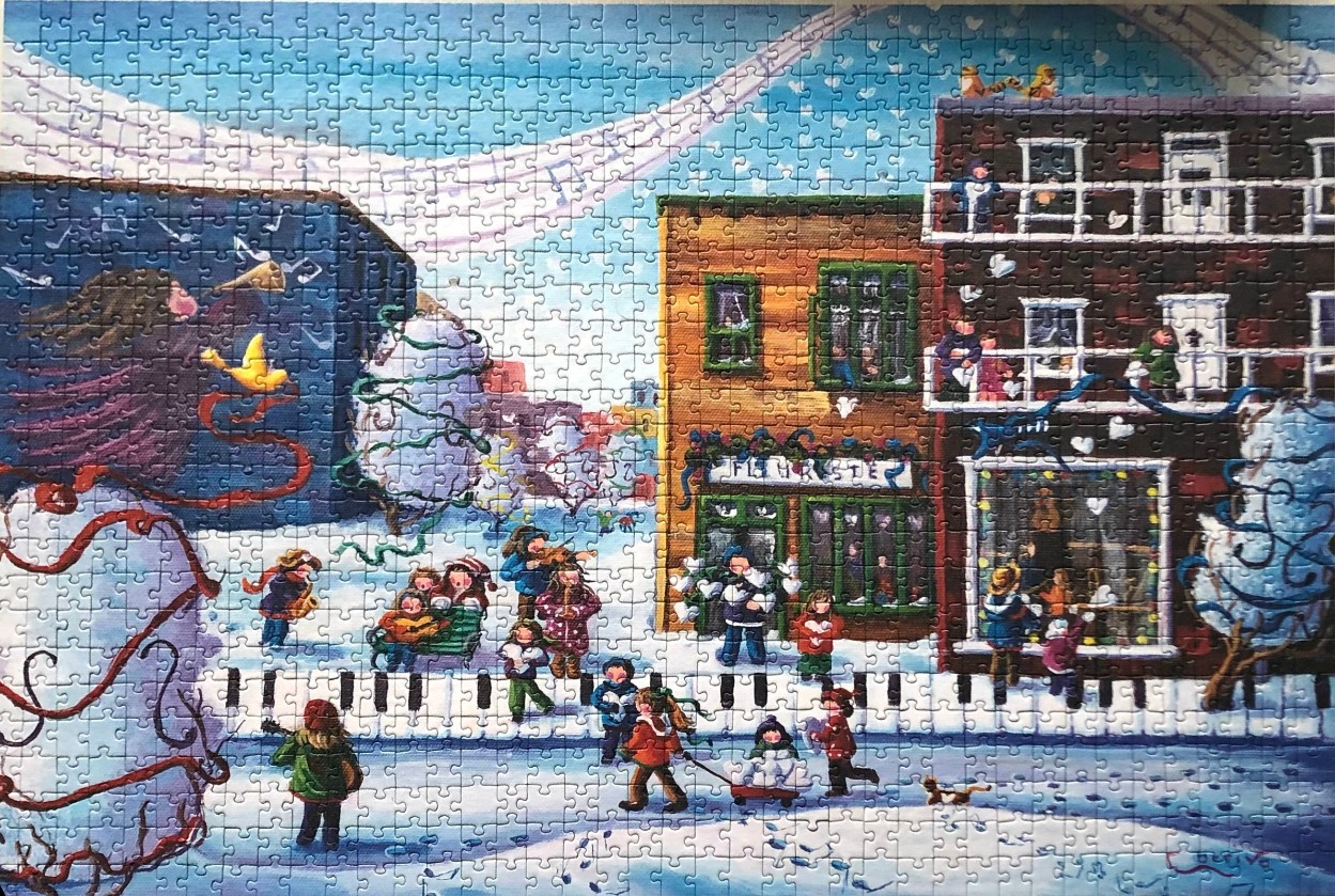 Whimsical snowy town scene with musical notes and people gathering in front of colorful buildings.