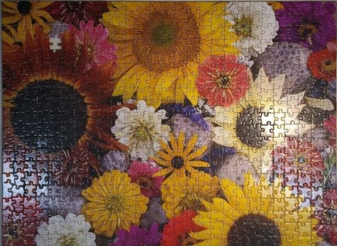 A close-up, vibrant cluster of various blooming flowers including sunflowers and zinnias.