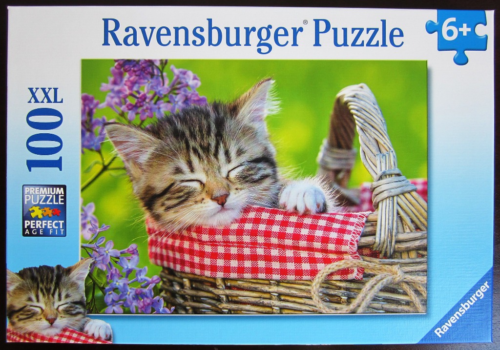 A tabby kitten sleeping inside a wicker basket filled with a red and white checkered cloth, with purple lilac flowers.