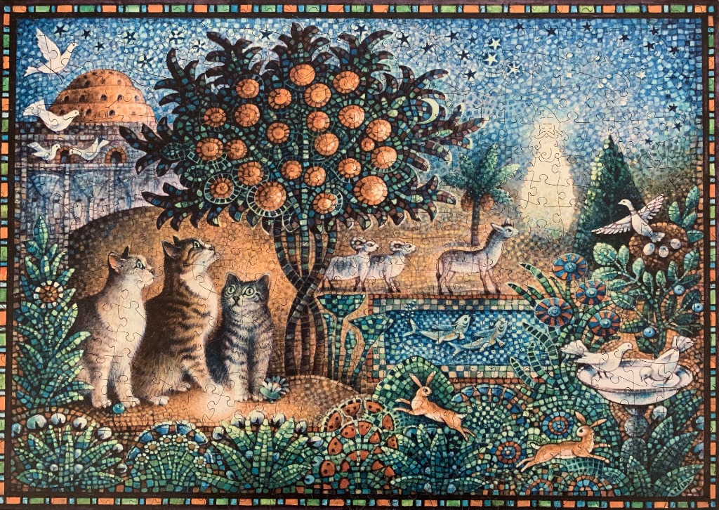 A mosaic-style illustration featuring three cats looking at a fruit tree in a whimsical, starry garden scene.