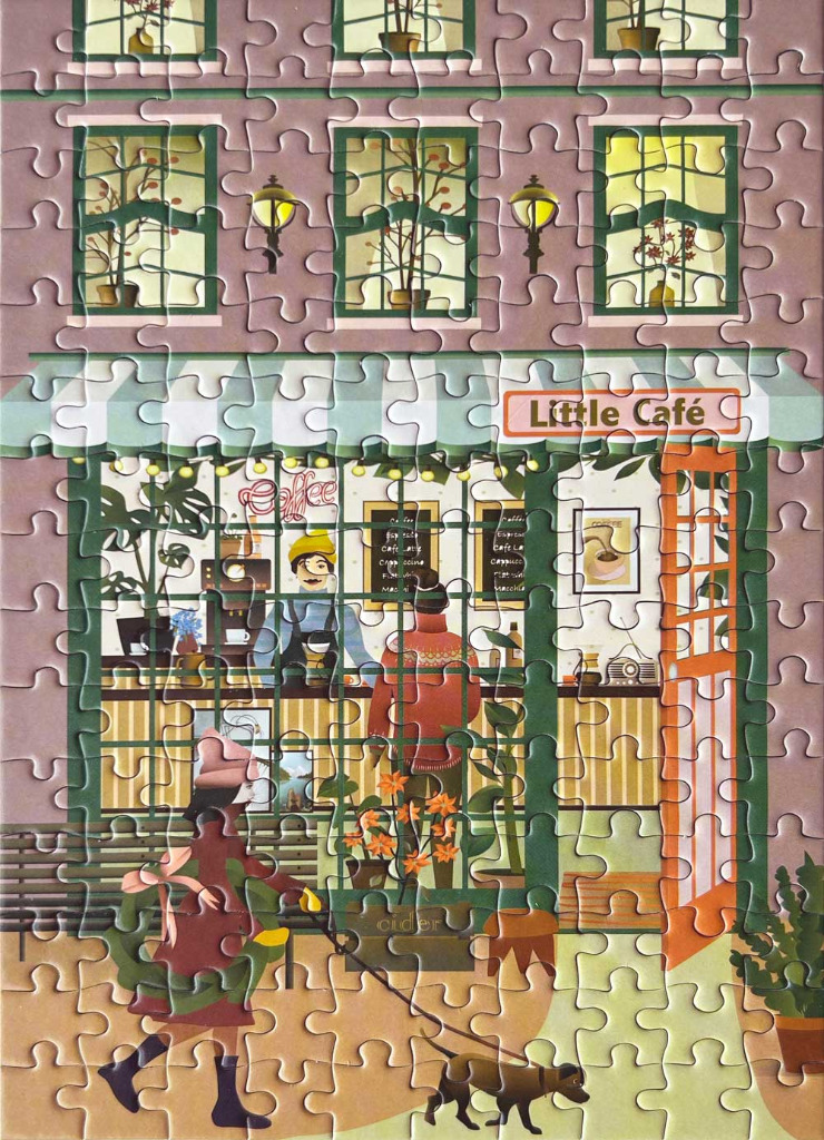 Illustration of a cozy Little Café storefront with a customer walking a dog out front.