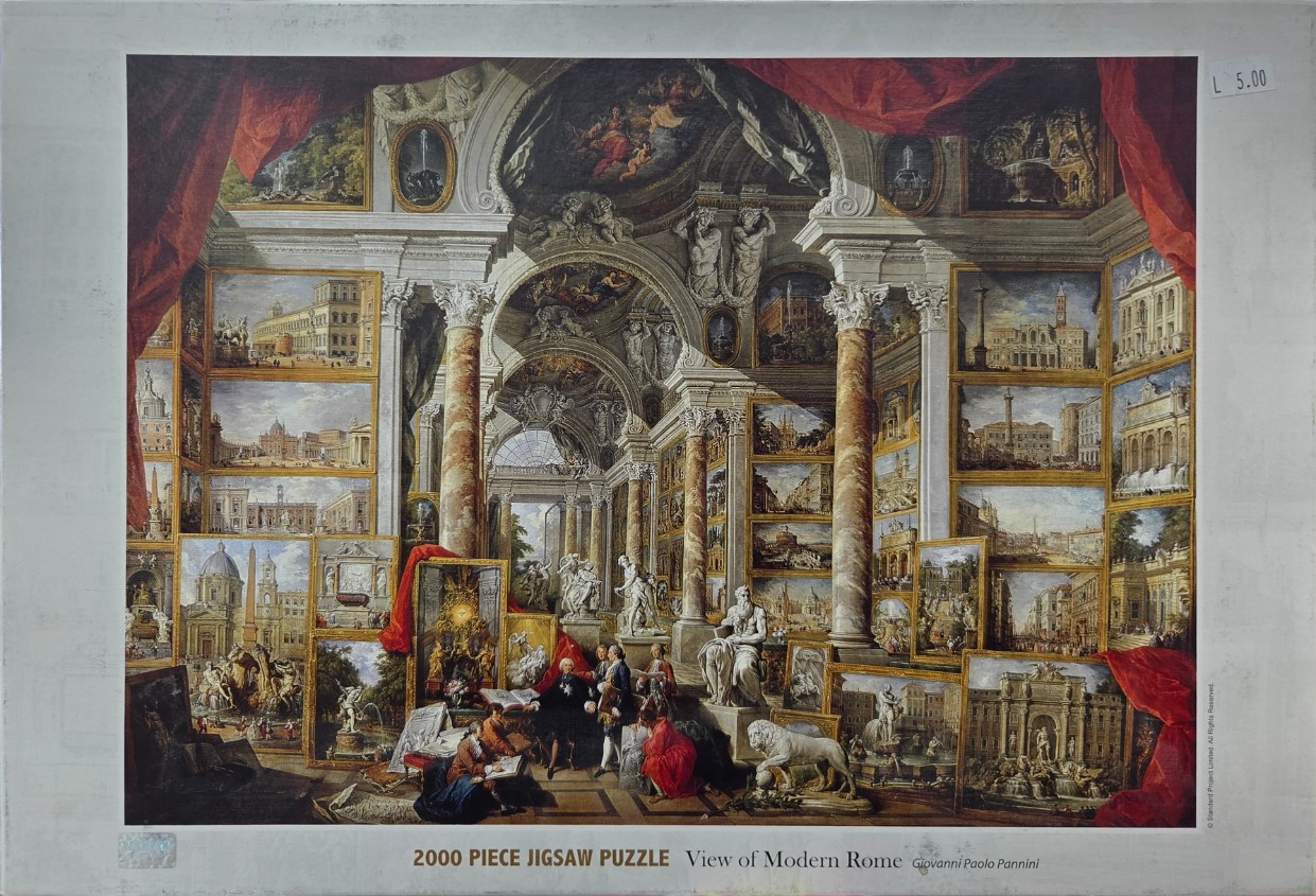 An oil painting titled View of Modern Rome by Giovanni Paolo Pannini showing a grand gallery filled with paintings.