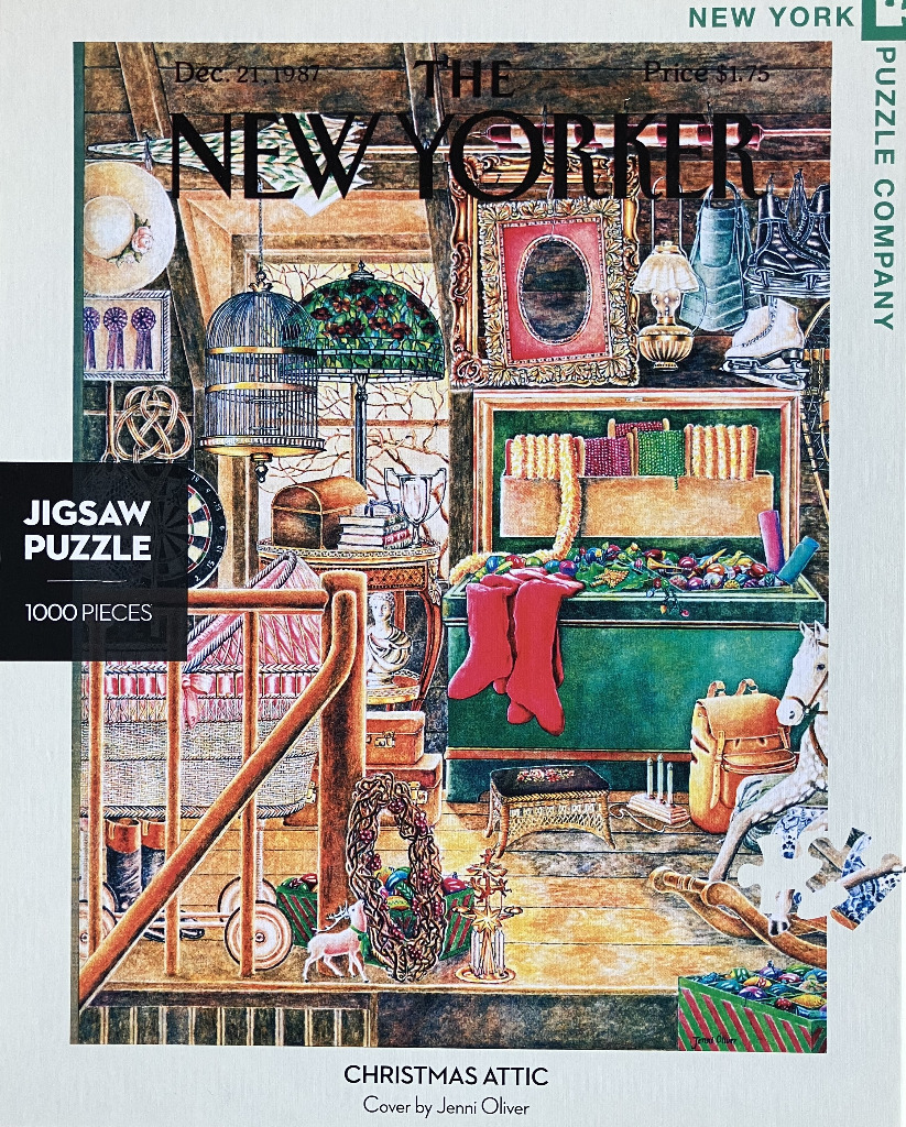 A detailed illustration of a cozy, cluttered attic filled with holiday decorations and vintage objects.