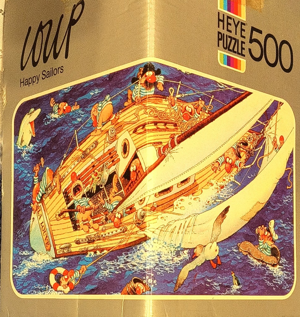 A humorous cartoon illustration of a sailboat filled with chaotic, red-nosed sailors in a choppy dark blue sea.