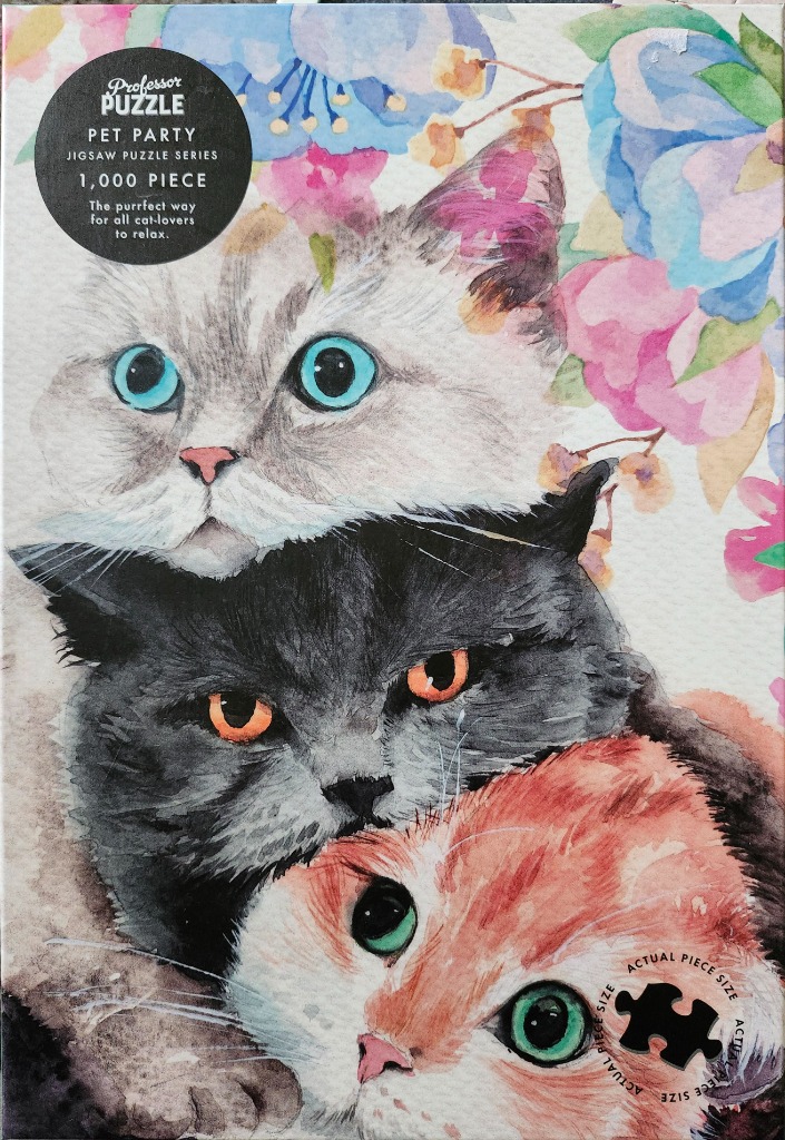 Watercolor illustration of three stacked cat faces against a floral background.