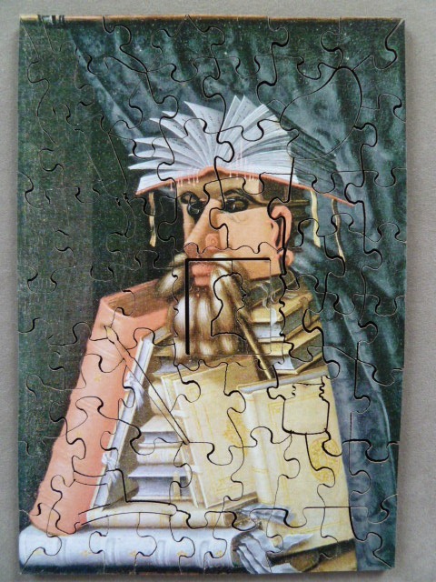 A surrealist portrait of a person composed entirely of stacked books and library items.