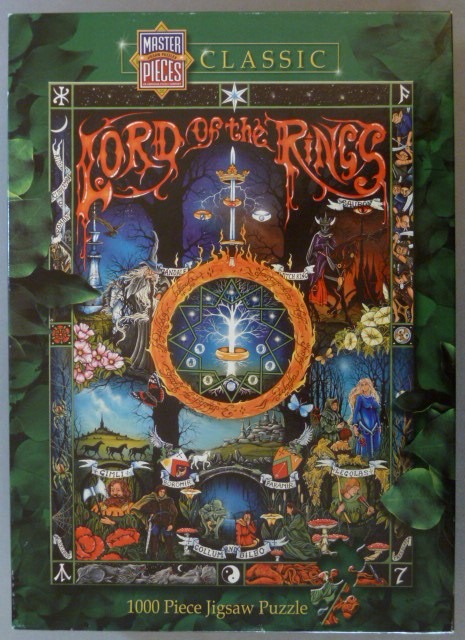 Fantasy art montage featuring The Lord of the Rings characters, symbols, and landscapes in a framed, detailed composition.