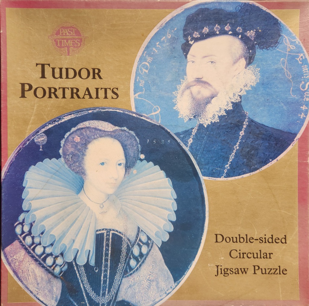 Two circular portraits of Tudor-era figures, one male and one female, against a metallic gold background.