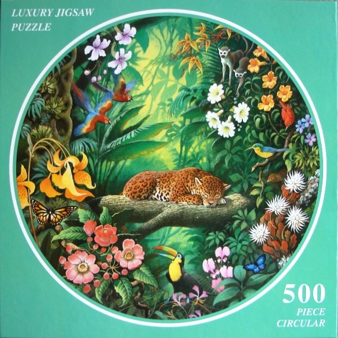 A circular illustration of a sleeping leopard in a lush jungle with various birds, flowers, and primates.