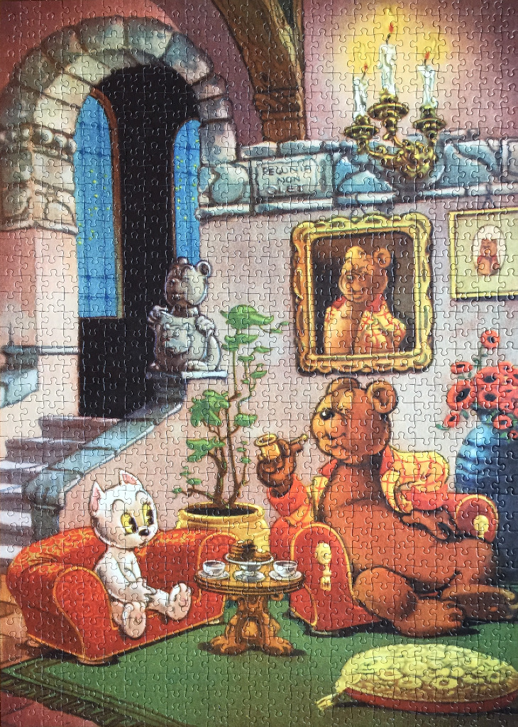 A cartoon illustration of a brown bear smoking a pipe and a small white cat sitting in an ornate castle parlor.
