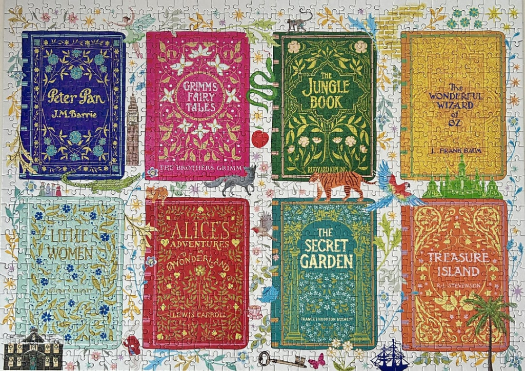 A collection of eight classic literature books surrounded by whimsical illustrations of characters and motifs.