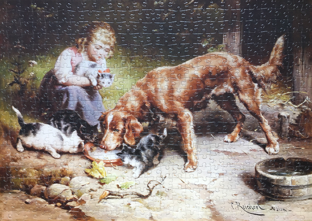 A young girl feeding milk to a group of kittens while a large dog watches in a rustic, outdoor setting.