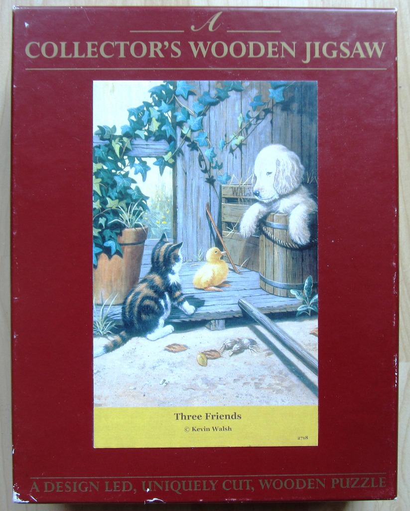 A kitten, a duckling, and a puppy interacting on a wooden porch, painted in a realistic, heartwarming style.