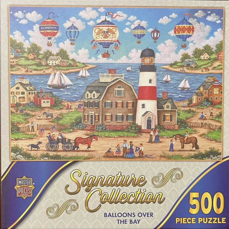 Folk art scene with hot air balloons over a coastal town, lighthouse, and horse-drawn carriage.