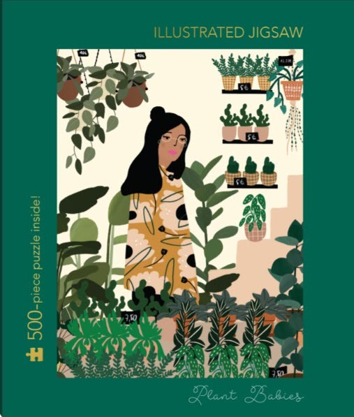 A flat illustration of a woman in a floral shirt standing in a lush indoor plant shop.