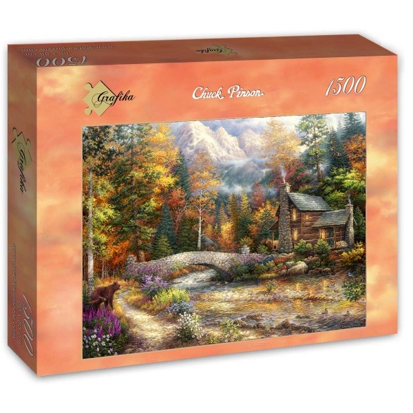 An idyllic autumn forest scene featuring a stone bridge, a rustic log cabin, and a small bear near a stream.