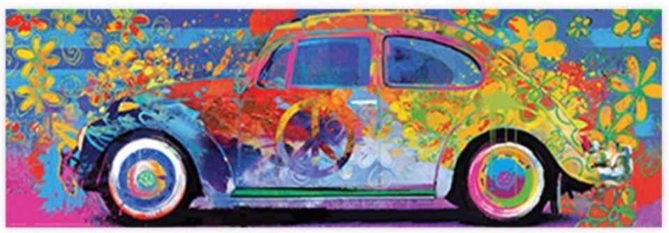 A psychedelic illustration of a vintage car covered in vibrant flowers and a peace sign.