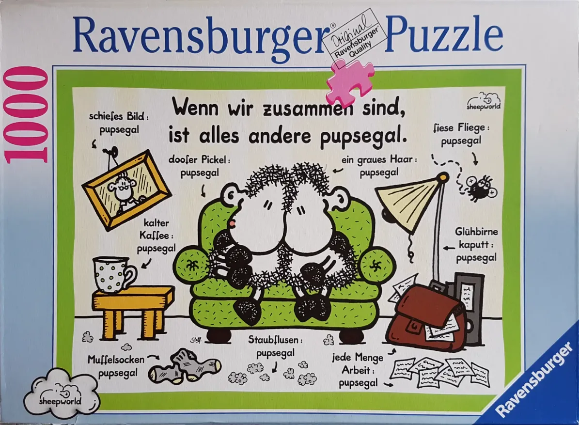 Cartoon illustration of two sheep cuddling on a green sofa, surrounded by labeled minor annoyances.