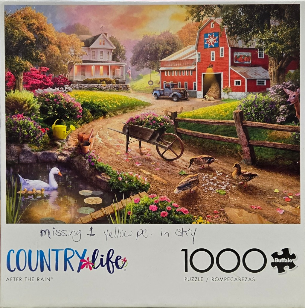 A peaceful rural farm scene featuring a red barn, a white house, a pond with ducks, and a dirt path.