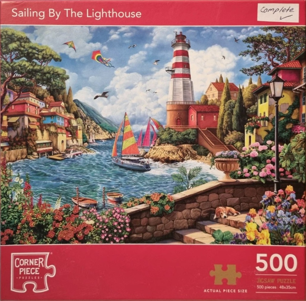 A sunny seaside village with a red and white lighthouse, a sailboat, and colorful flower gardens in an impressionist style.