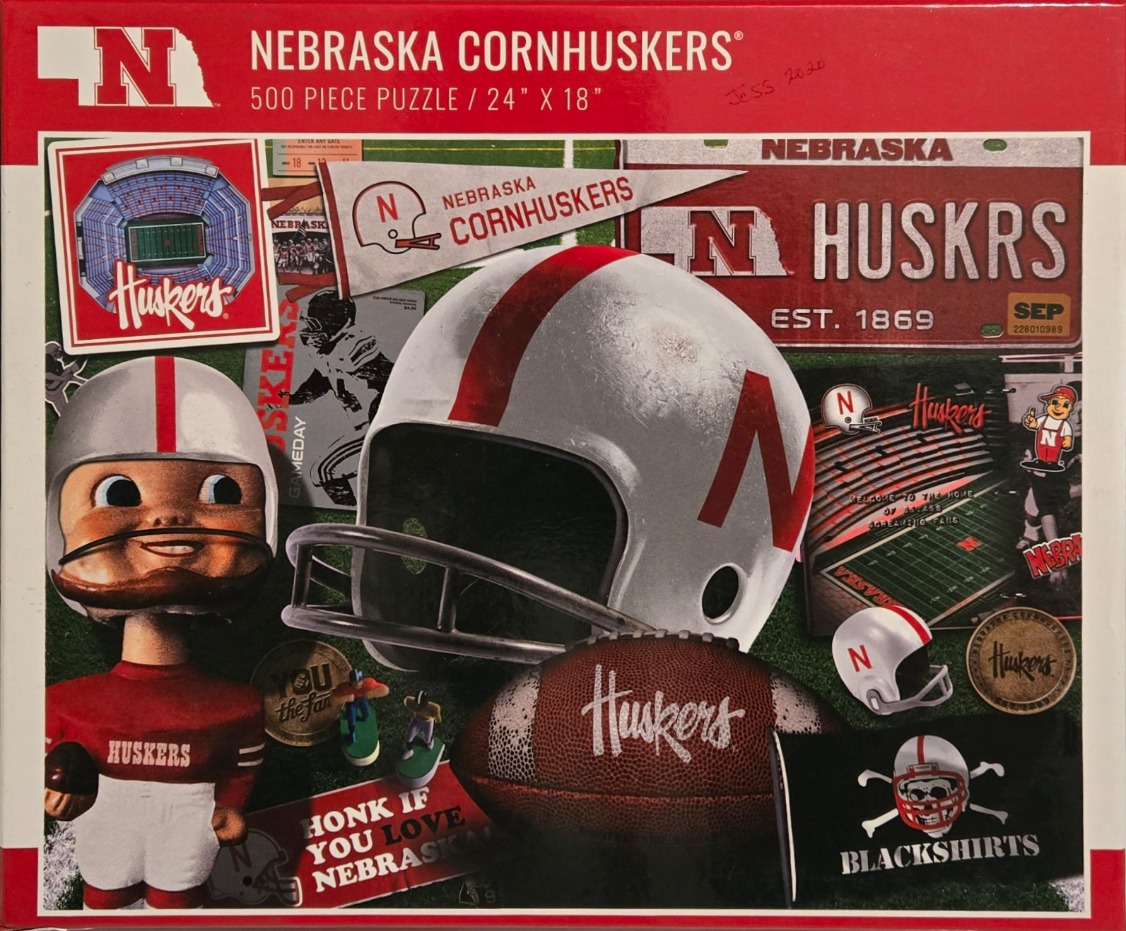 A collage of Nebraska Cornhuskers football memorabilia including a bobblehead, a helmet, and a football on a grass field.