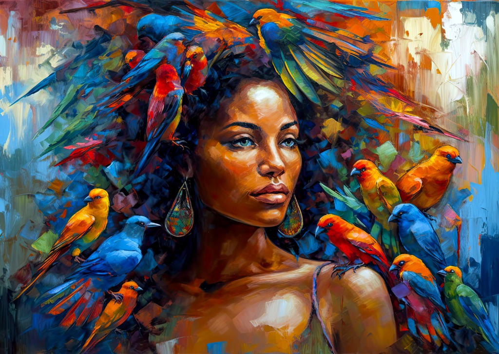 A woman with deep skin tones surrounded by a vibrant flock of colorful exotic birds in an expressive painterly style.