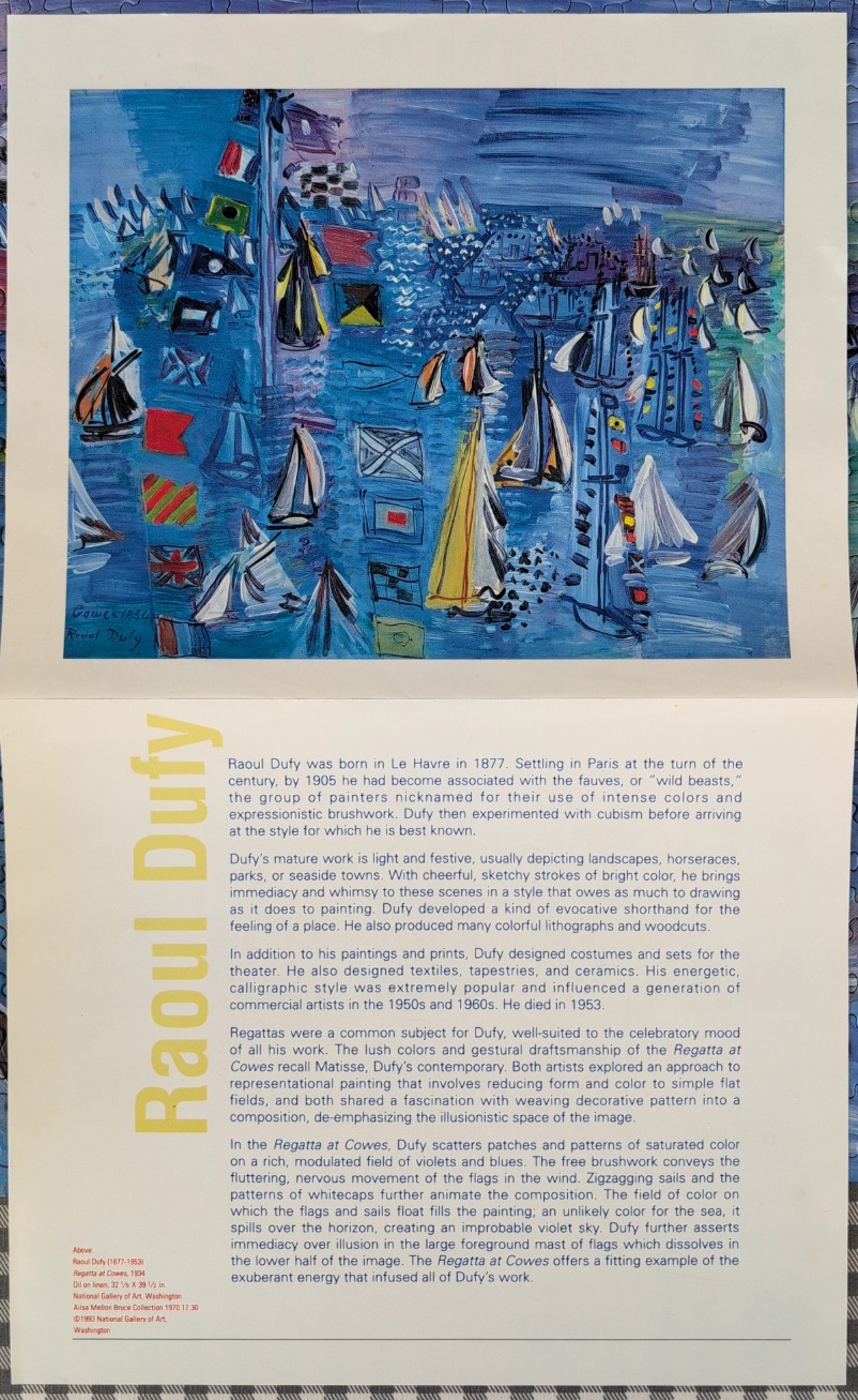 An expressionist painting of a crowded regatta with many sailboats and vibrant signal flags against a violet-blue sea.
