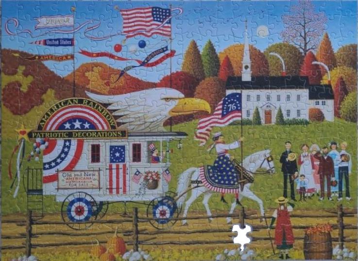 Folk art scene of an Americana wagon, a rider on horseback, and a gathering in front of a church during autumn.