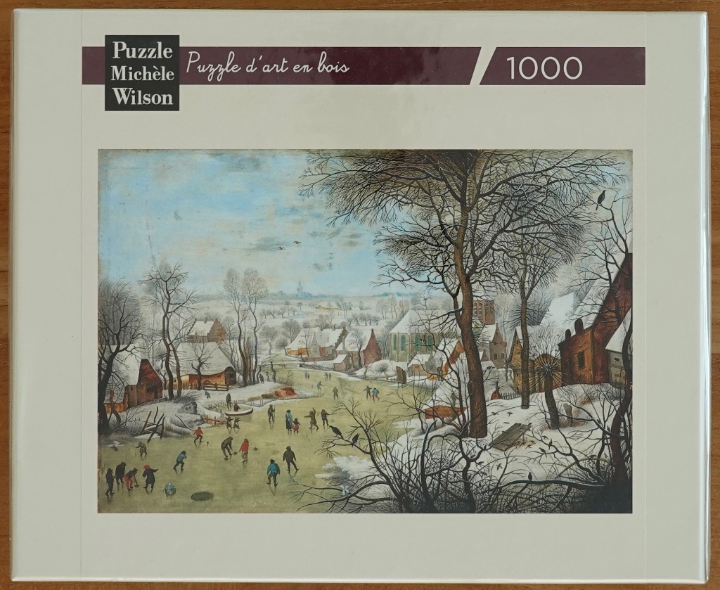 A detailed 16th-century style winter landscape painting of a village with people ice skating on a frozen canal.