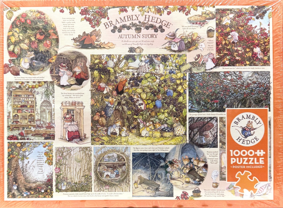 A collage of Brambly Hedge illustrations depicting scenes of mice harvesting blackberries in an autumn woodland setting.
