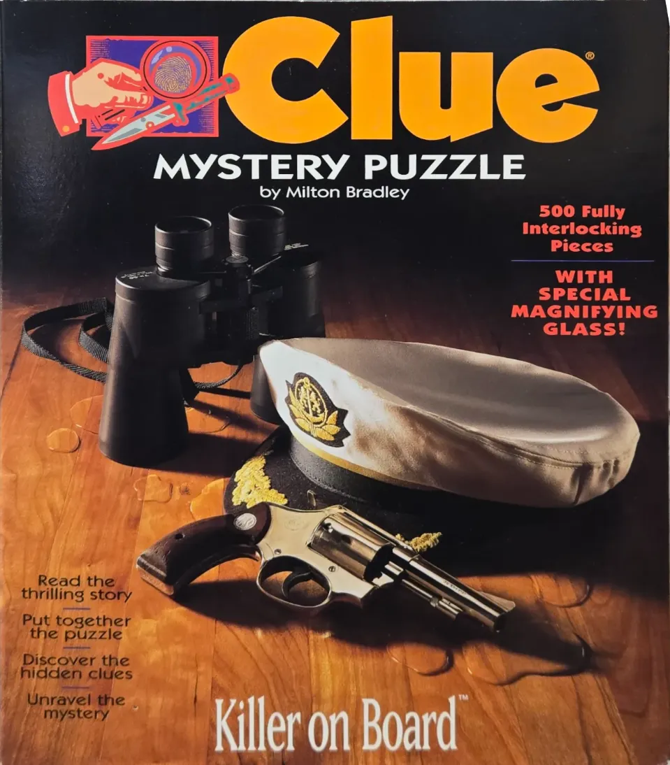 A pair of binoculars, a captain's hat, and a revolver resting on a wooden table.