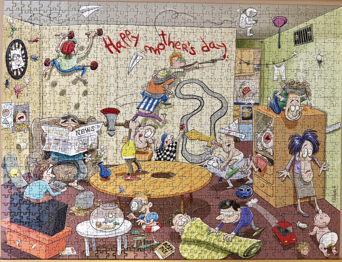 A humorous cartoon scene showing a chaotic living room filled with children causing mayhem around their stressed mother.