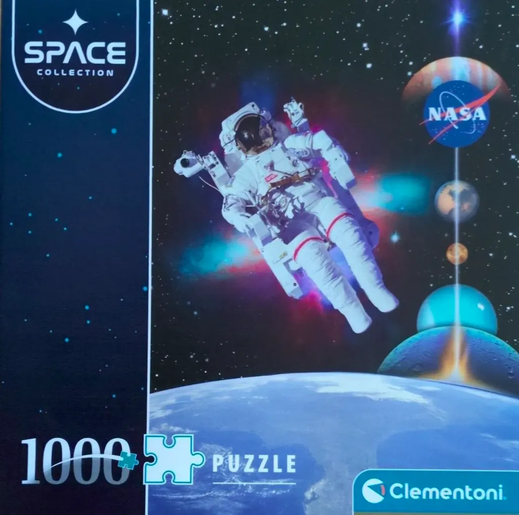 An astronaut floating in space above Earth with celestial bodies and the NASA logo aligned in the background.