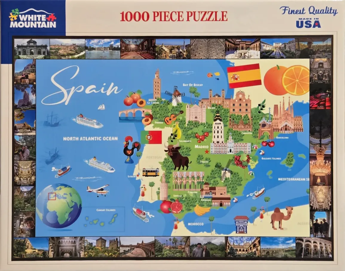 A cartoon map of Spain featuring iconic landmarks, regional symbols, and a photographic collage border.