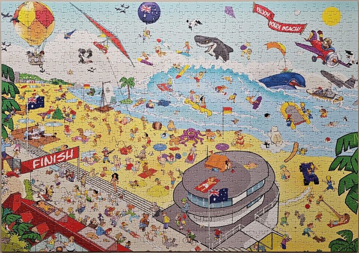Cartoon illustration of a busy, sunny day at Bondi Beach with many characters and activities.