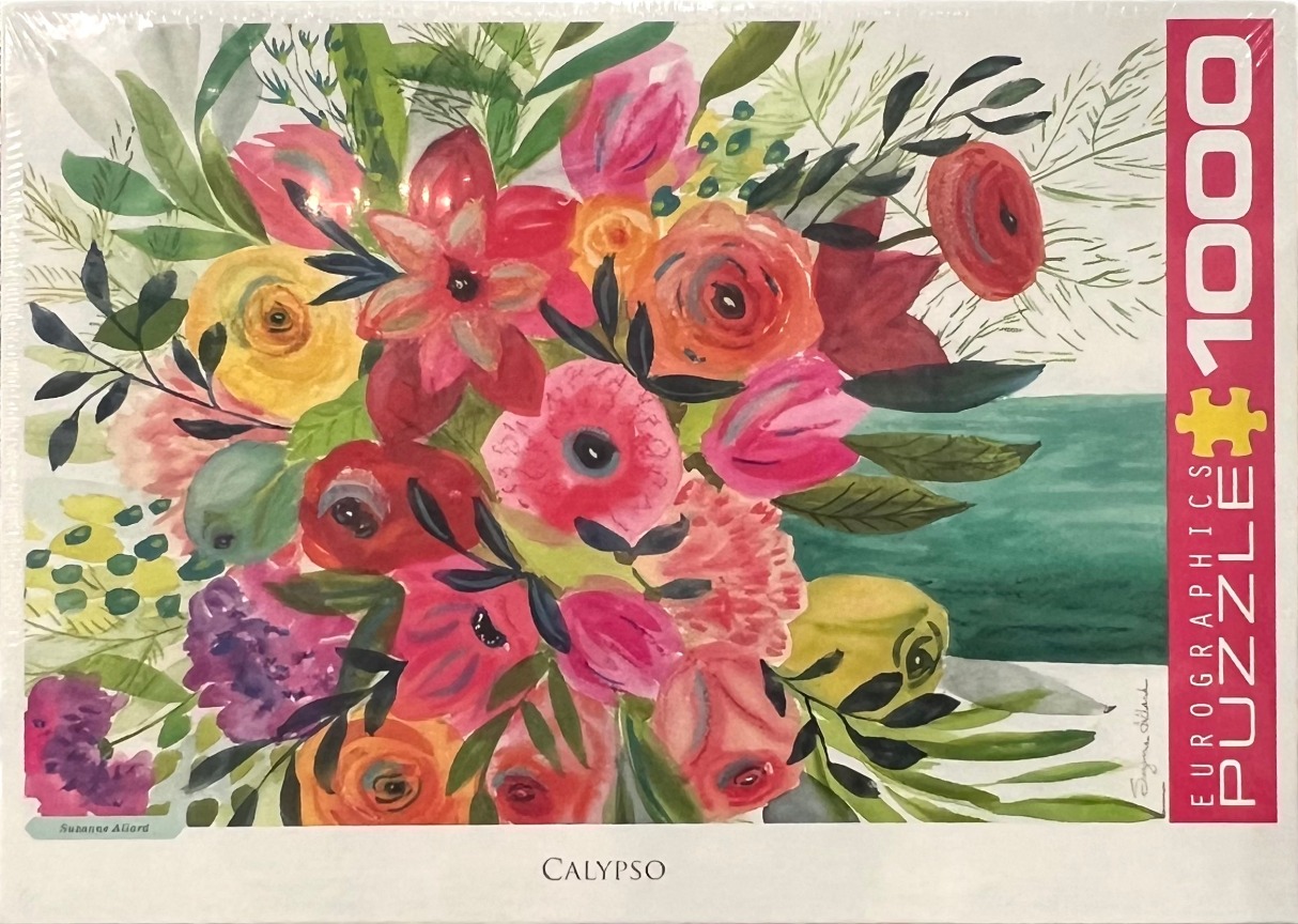 A watercolor illustration of a vibrant floral bouquet with pink, red, orange, and yellow blossoms against a green stripe.