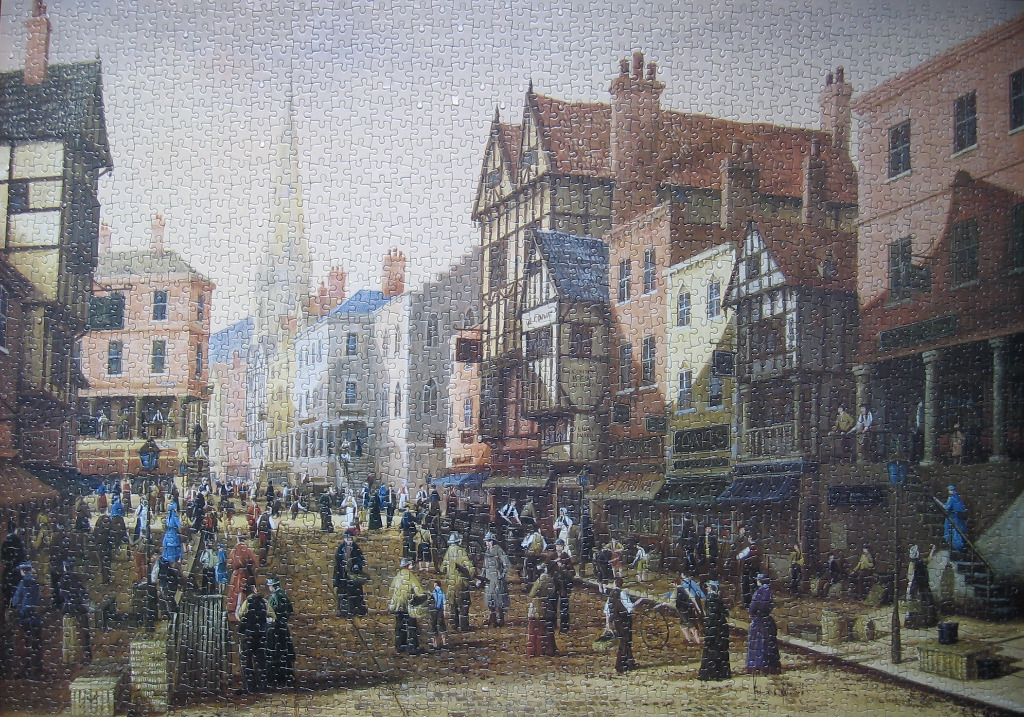 A nostalgic painting of a bustling 19th-century English town square with historic half-timbered architecture.