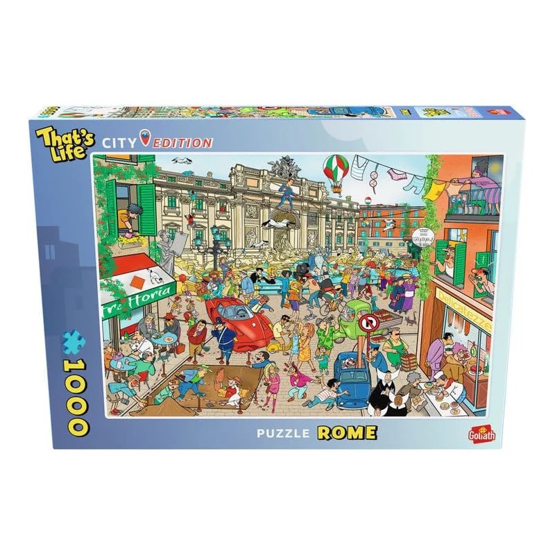 A busy cartoon scene of the Trevi Fountain in Rome filled with humorous characters and daily life activities.