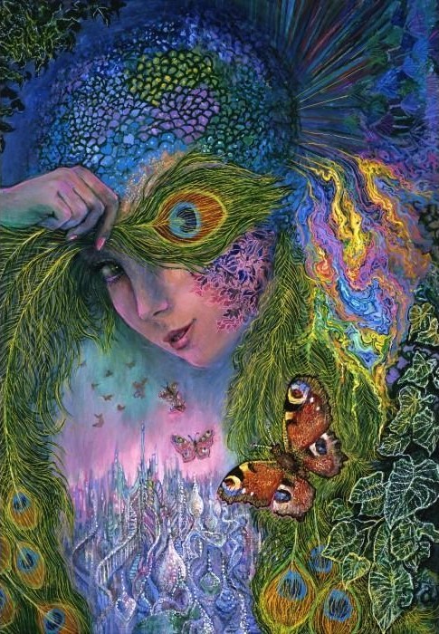An ethereal woman framed by peacock feathers and butterflies overlooking a mystical castle.