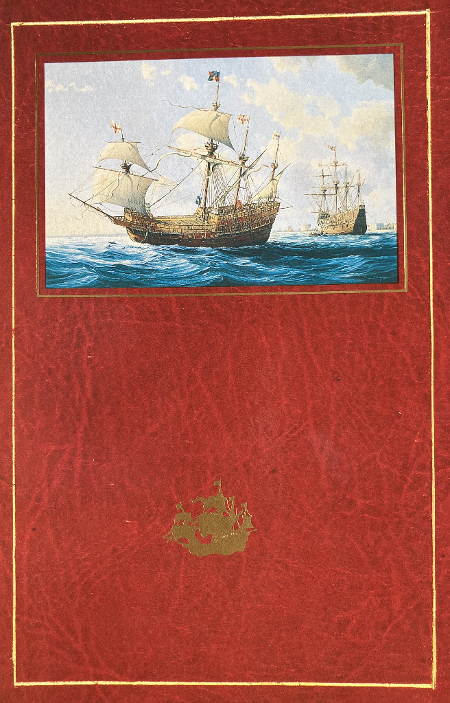 An illustration of two galleons at sea, framed against a red textured background with a gold ship emblem.