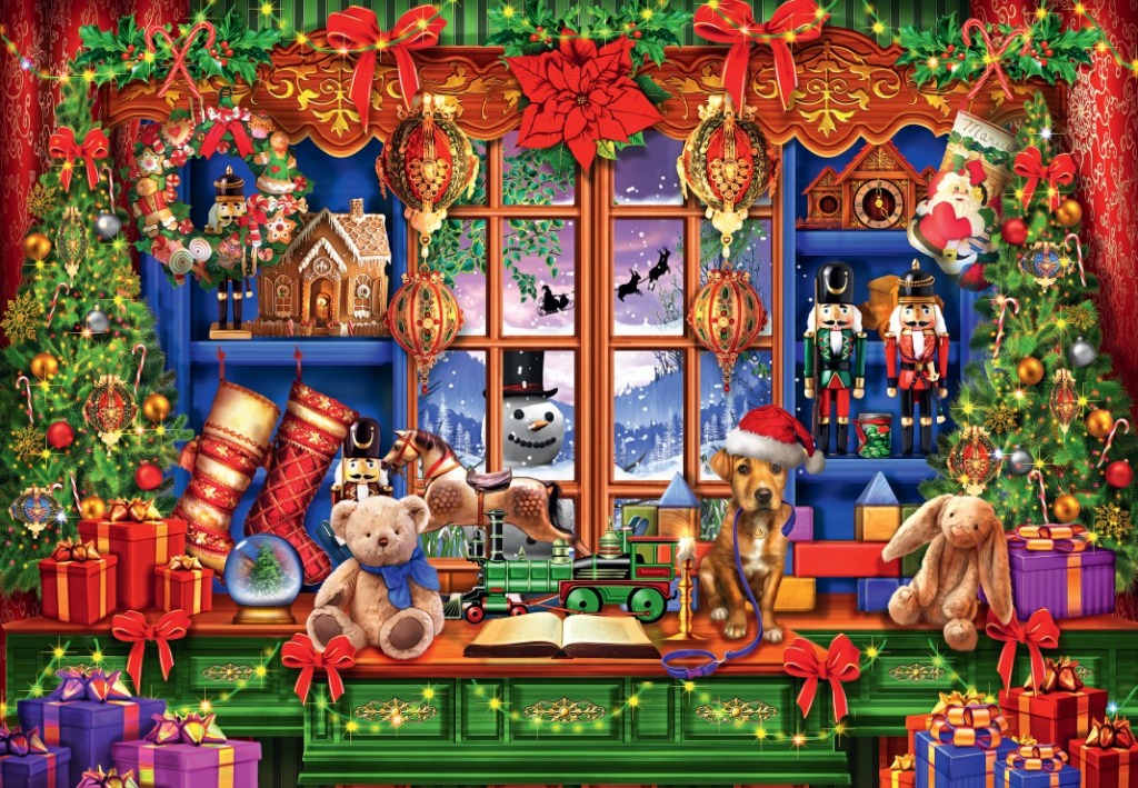 A cozy room filled with Christmas toys, two decorated trees, and a puppy in a Santa hat looking out a snowy window.
