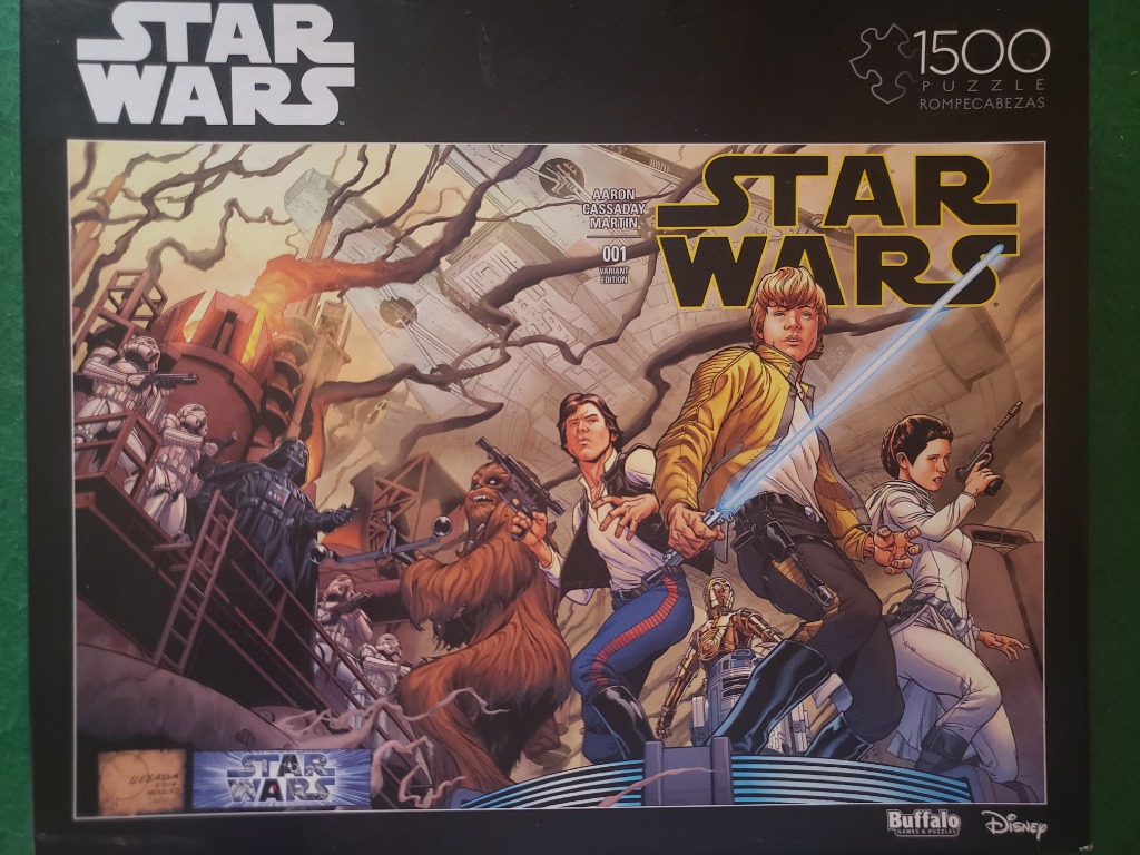 Comic-style illustration of Star Wars heroes facing off against Darth Vader and Stormtroopers in an industrial setting.