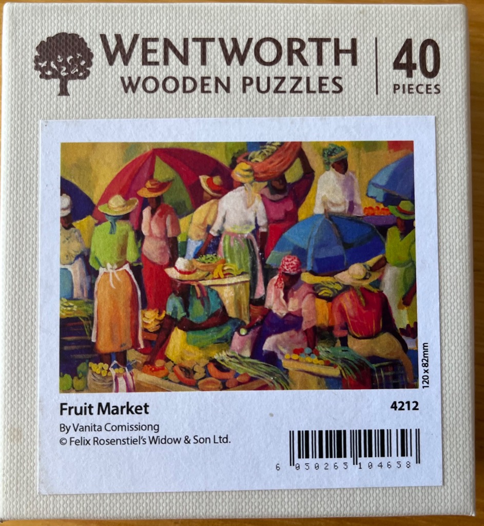 An impressionist-style oil painting of a vibrant Caribbean fruit market with many women vendors in hats.