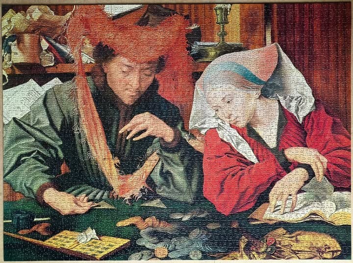 A Renaissance-style oil painting of a man and woman at a table counting coins.