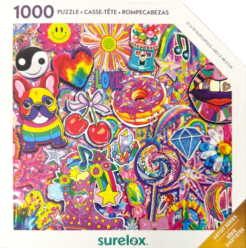 A vibrant collage of colorful pop art icons, including a rainbow bulldog, donut, crystals, and lips.
